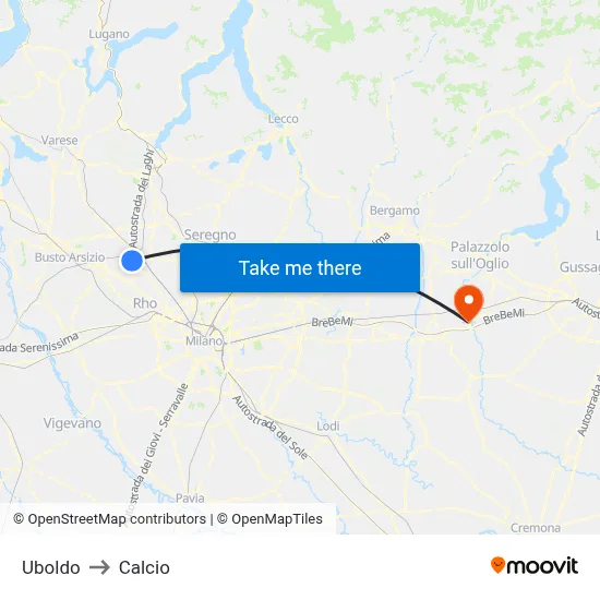 Uboldo to Calcio map