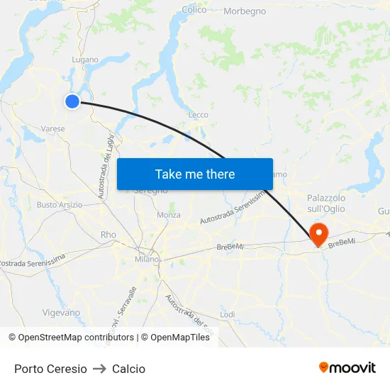 Porto Ceresio to Calcio map