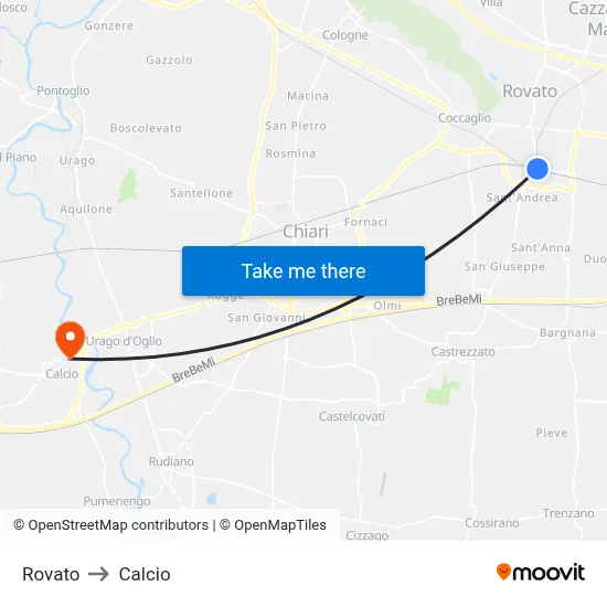 Rovato to Calcio map