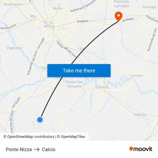 Ponte Nizza to Calcio map