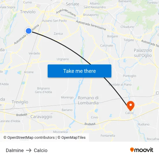 Dalmine to Calcio map