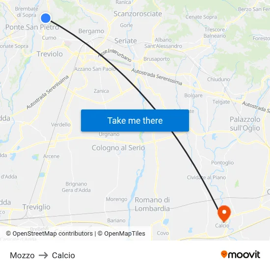Mozzo to Calcio map