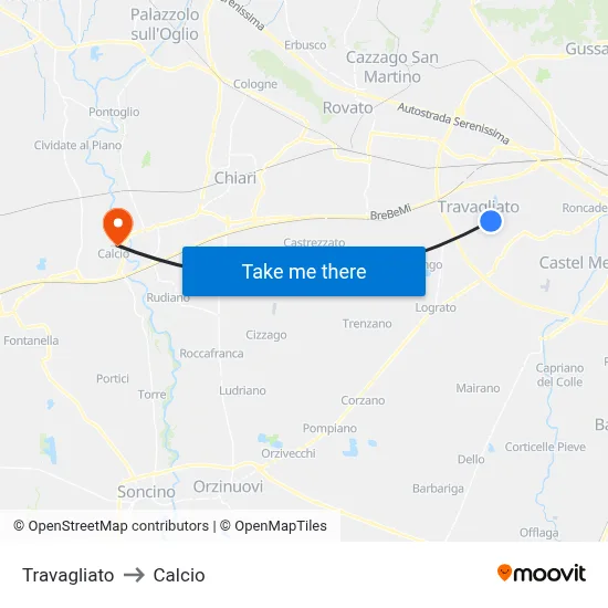 Travagliato to Calcio map