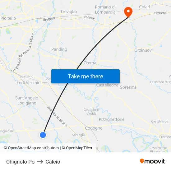 Chignolo Po to Calcio map
