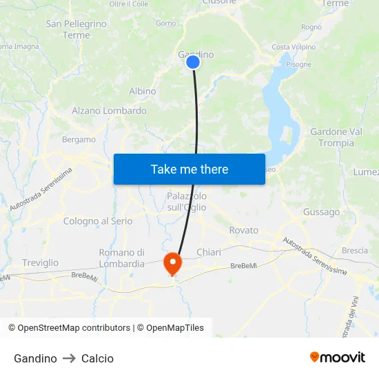 Gandino to Calcio map