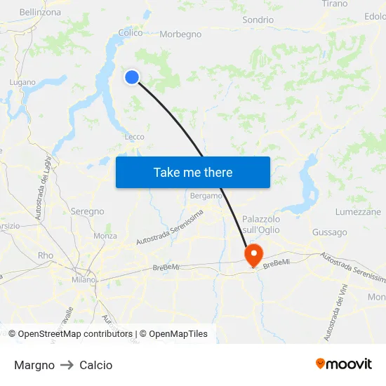 Margno to Calcio map