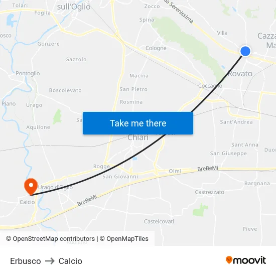 Erbusco to Calcio map