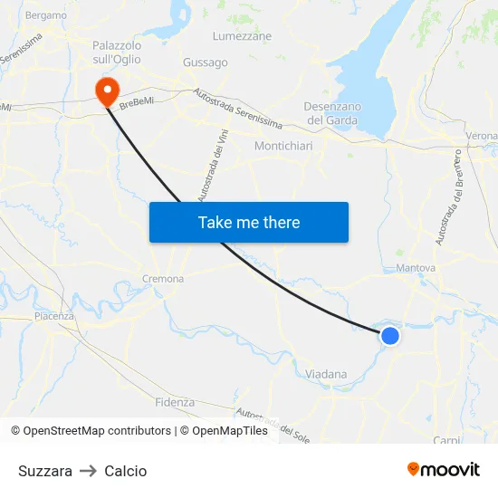 Suzzara to Calcio map