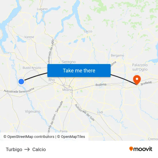 Turbigo to Calcio map