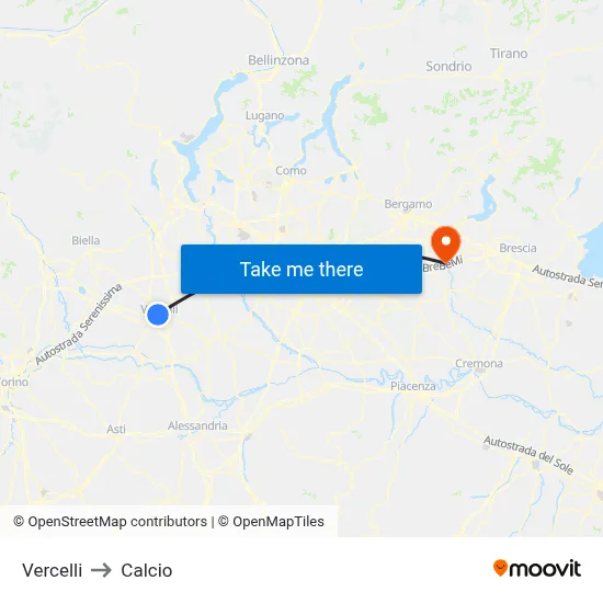 Vercelli to Calcio map