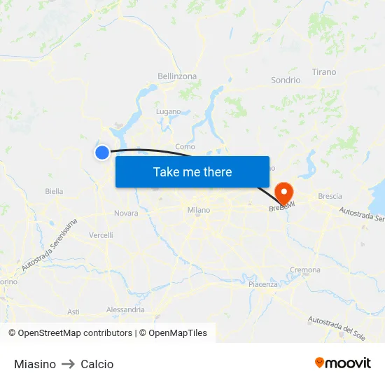 Miasino to Calcio map