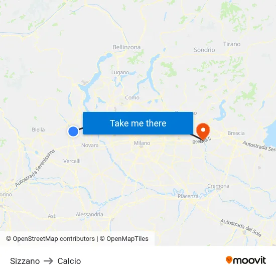 Sizzano to Calcio map