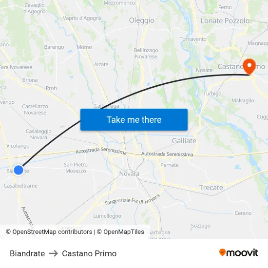 Biandrate to Castano Primo map
