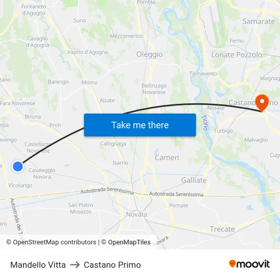 Mandello Vitta to Castano Primo map