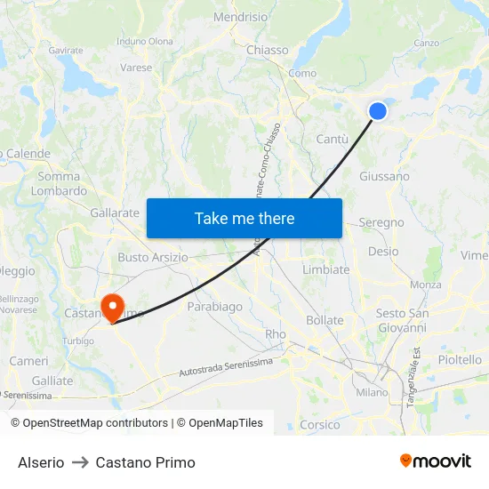 Alserio to Castano Primo map