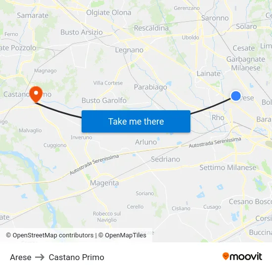 Arese to Castano Primo map