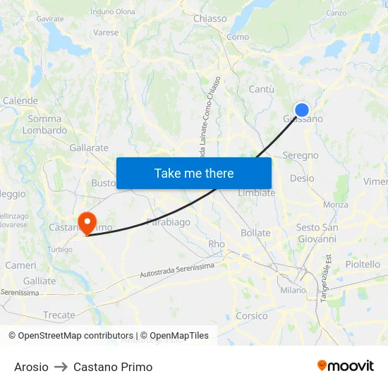 Arosio to Castano Primo map