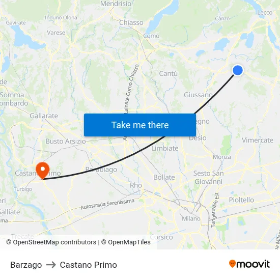 Barzago to Castano Primo map