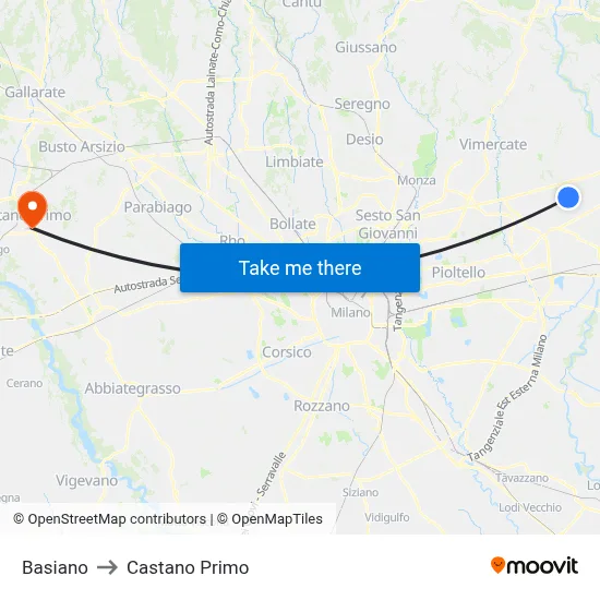 Basiano to Castano Primo map