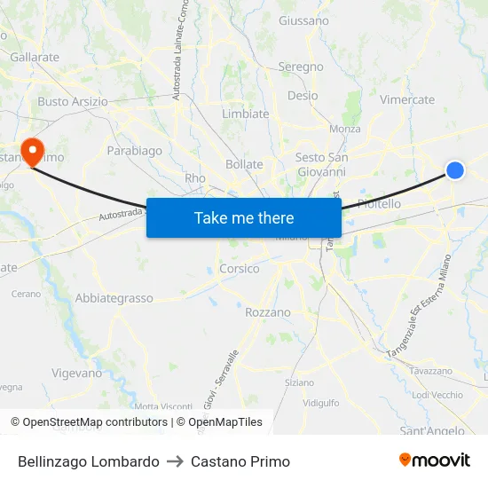 Bellinzago Lombardo to Castano Primo map