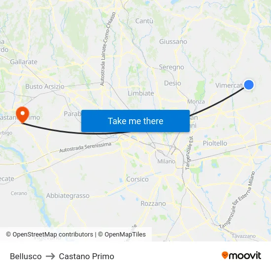 Bellusco to Castano Primo map