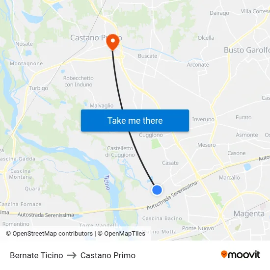 Bernate Ticino to Castano Primo map