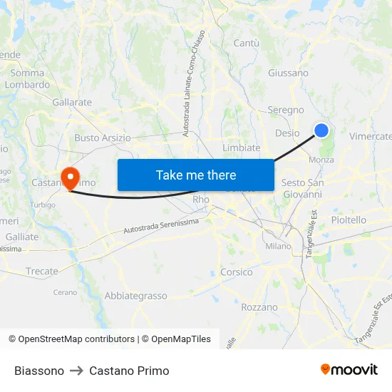 Biassono to Castano Primo map