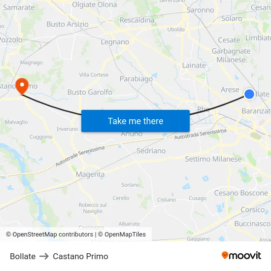 Bollate to Castano Primo map