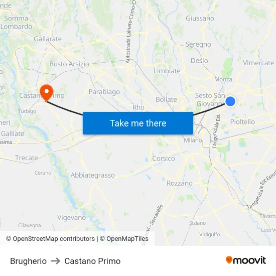 Brugherio to Castano Primo map