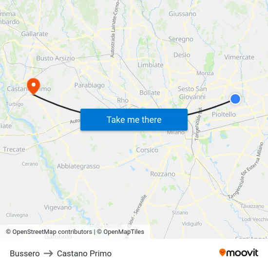 Bussero to Castano Primo map