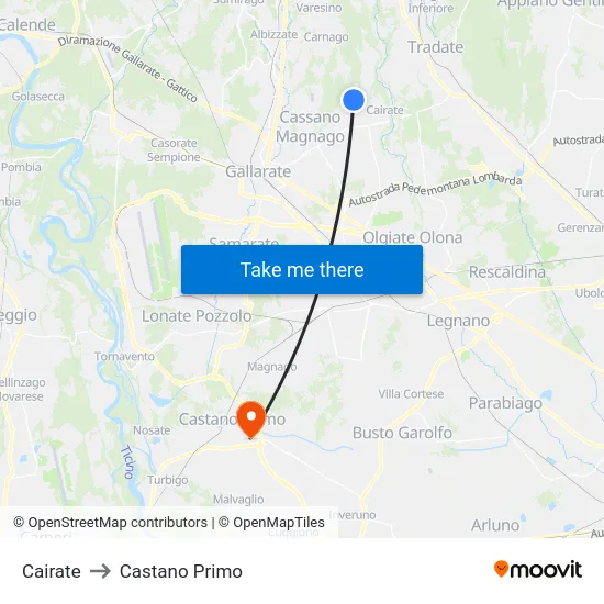 Cairate to Castano Primo map