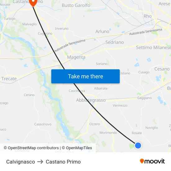 Calvignasco to Castano Primo map