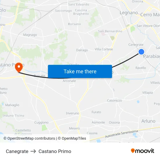 Canegrate to Castano Primo map