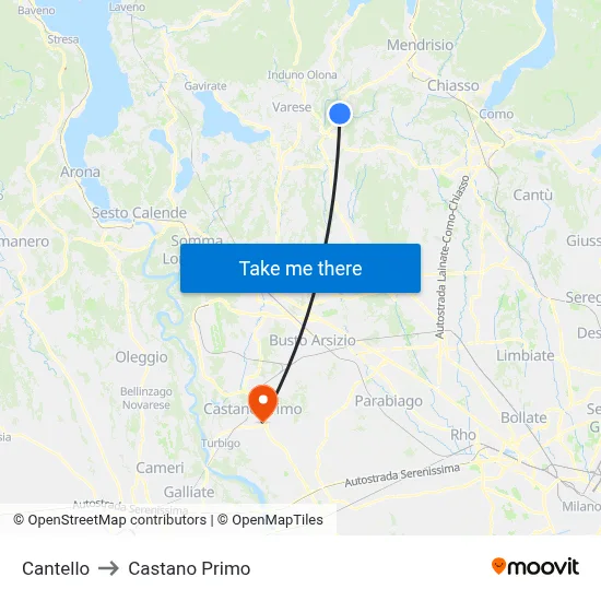 Cantello to Castano Primo map