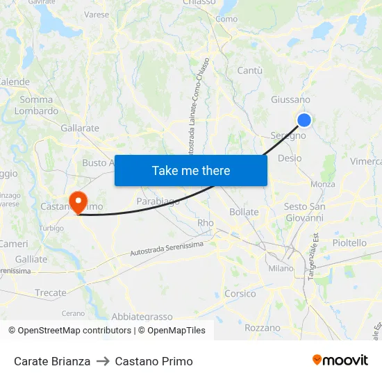 Carate Brianza to Castano Primo map
