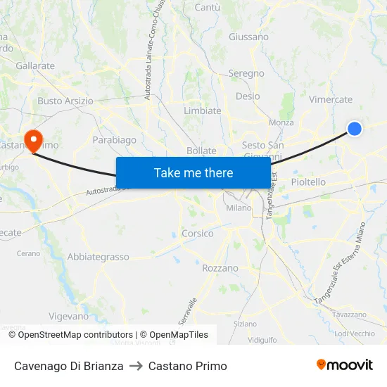 Cavenago Di Brianza to Castano Primo map