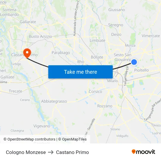 Cologno Monzese to Castano Primo map