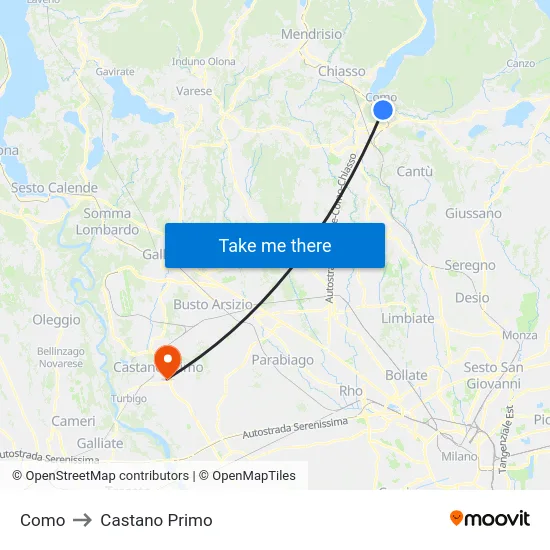 Como to Castano Primo map