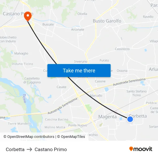 Corbetta to Castano Primo map