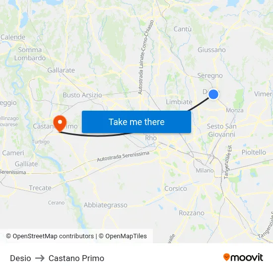 Desio to Castano Primo map