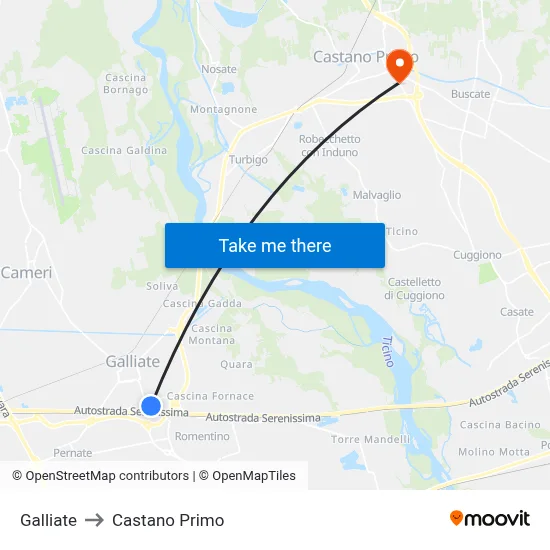 Galliate to Castano Primo map