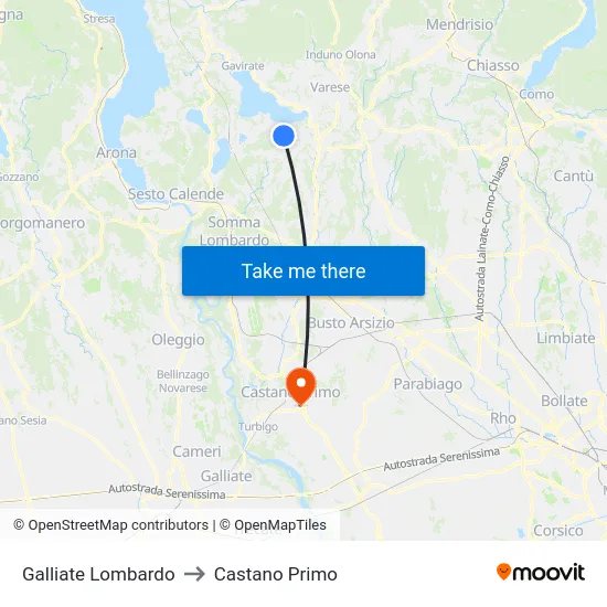 Galliate Lombardo to Castano Primo map