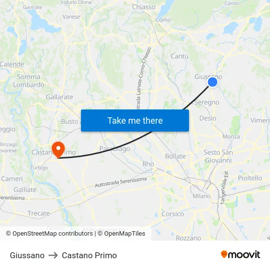 Giussano to Castano Primo map