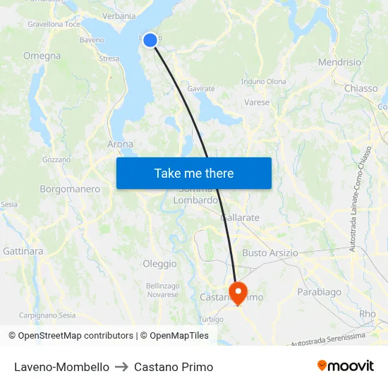 Laveno-Mombello to Castano Primo map