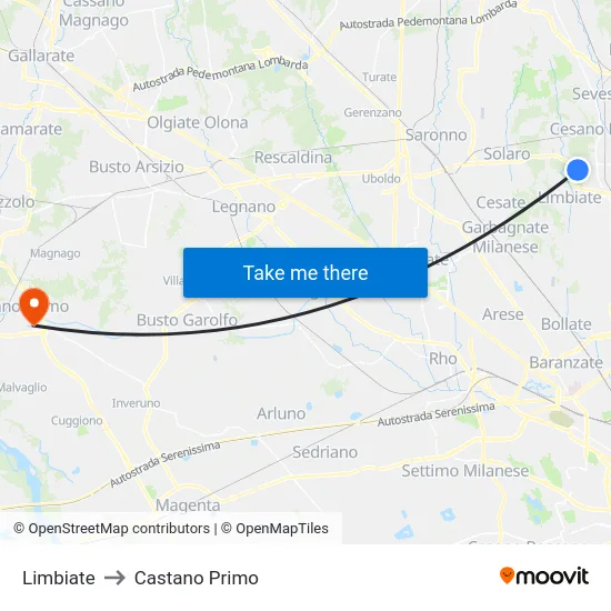 Limbiate to Castano Primo map