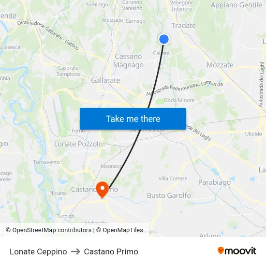 Lonate Ceppino to Castano Primo map