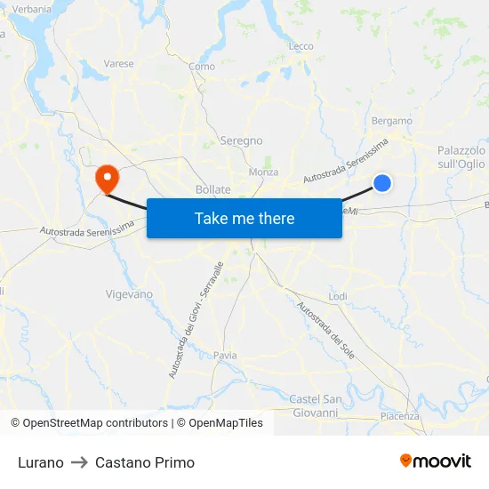 Lurano to Castano Primo map