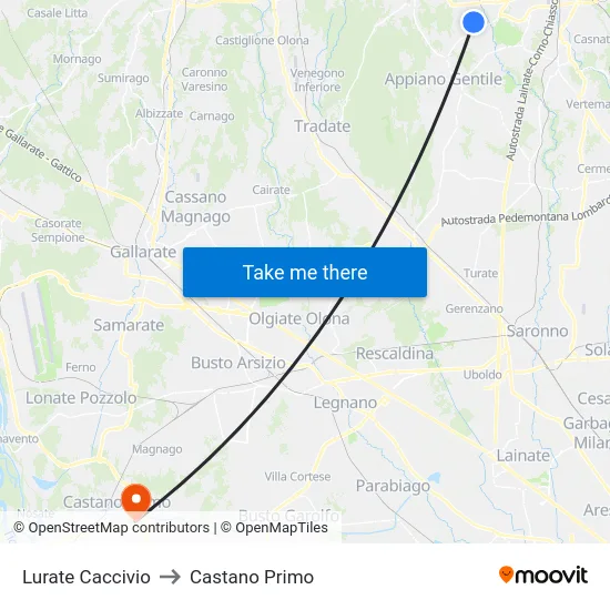 Lurate Caccivio to Castano Primo map