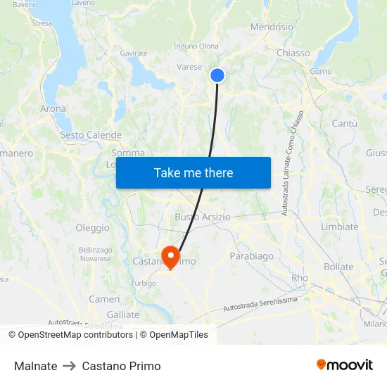 Malnate to Castano Primo map