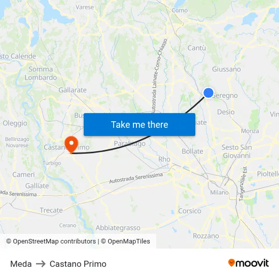 Meda to Castano Primo map
